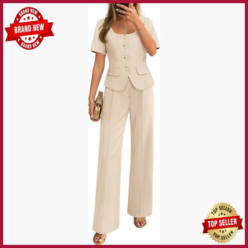 Summer Two-Piece Suit Set Short Sleeve Blazer Wide Leg Pants Business Casual